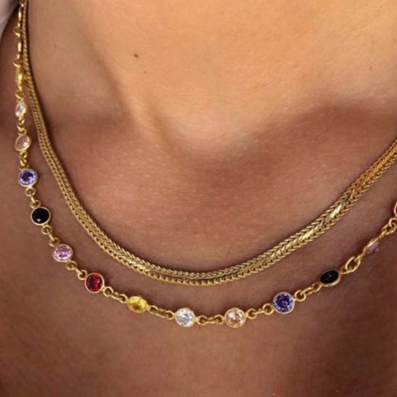 Beautiful multicolor faceted rhinestone 2 layer stainless steel gold necklace - Picture 3 of 8